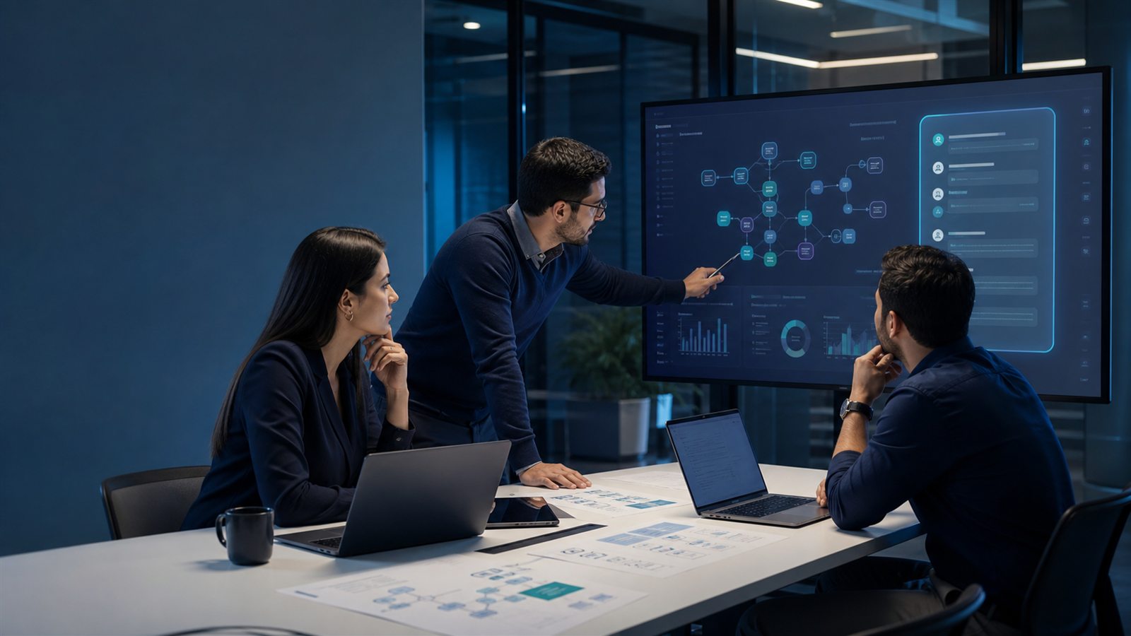Equipo técnico revisando flujos, datos y un asistente de inteligencia artificial empresarial