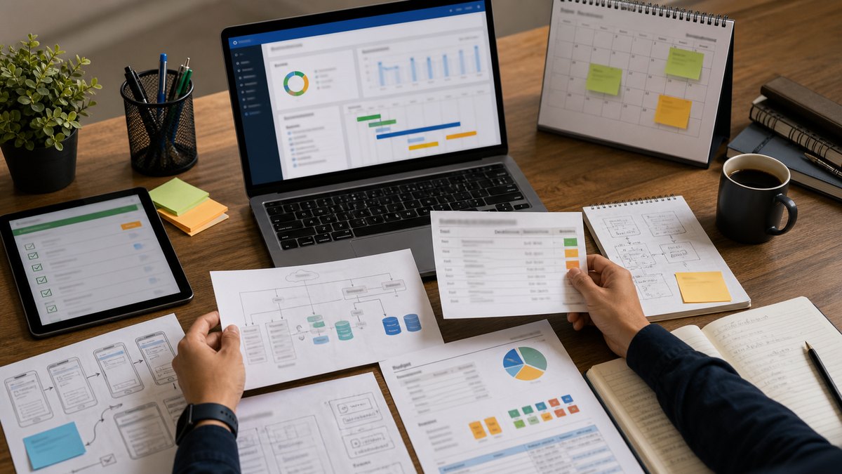 Mesa de planeación con checklist, diagramas de integración, calendario y dashboard para estimar una aplicación empresarial