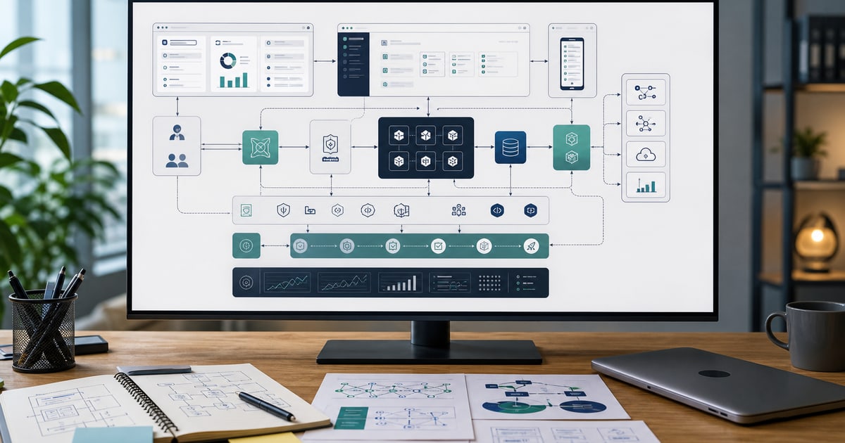 Arquitectura de aplicación web empresarial con navegador, backend, base de datos, permisos, integraciones y reportes