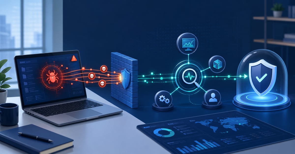 Flujo ilustrado de detección y contención de malware RAT con firewall, telemetría EDR y respuesta defensiva