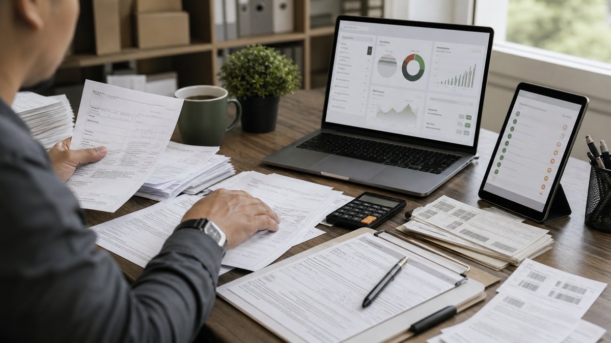 Mesa de operación con documentos, códigos y dashboard digital para centralizar el trabajo