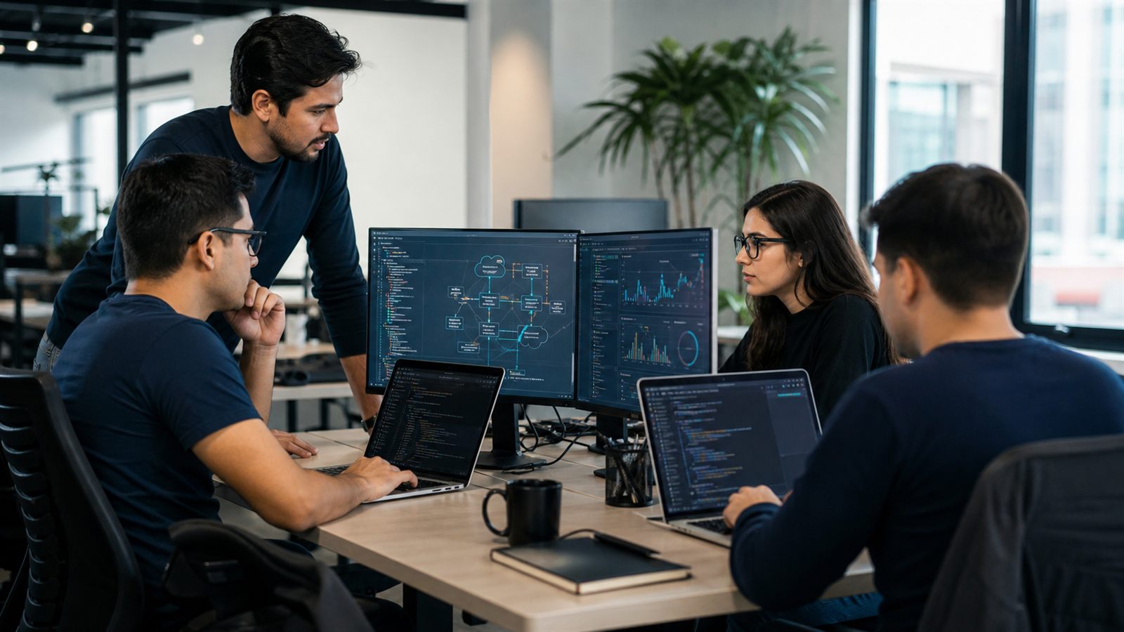 Equipo técnico de Syscore revisando arquitectura de software y métricas operativas