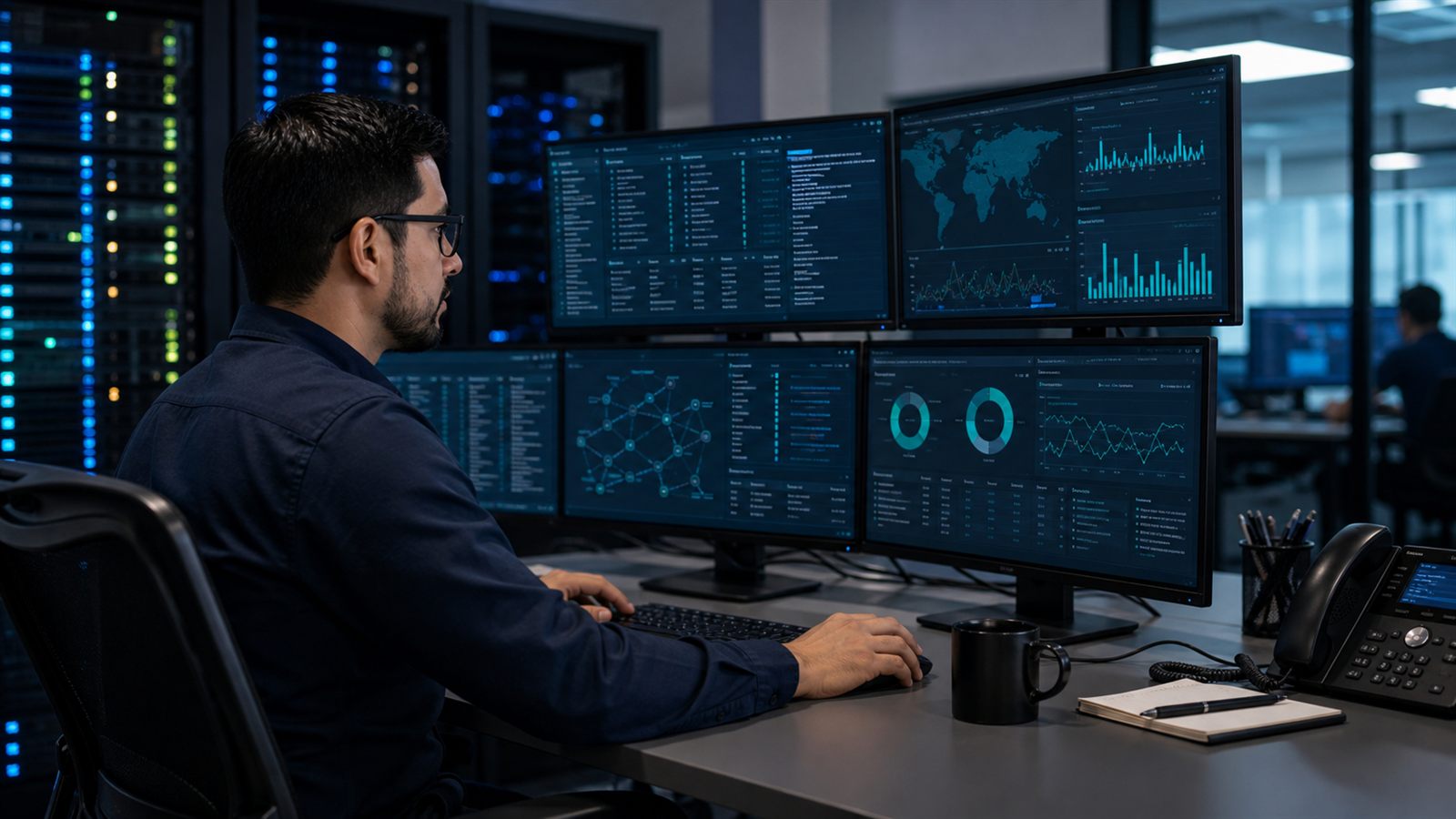Analista de ciberseguridad monitoreando eventos, infraestructura y señales de riesgo