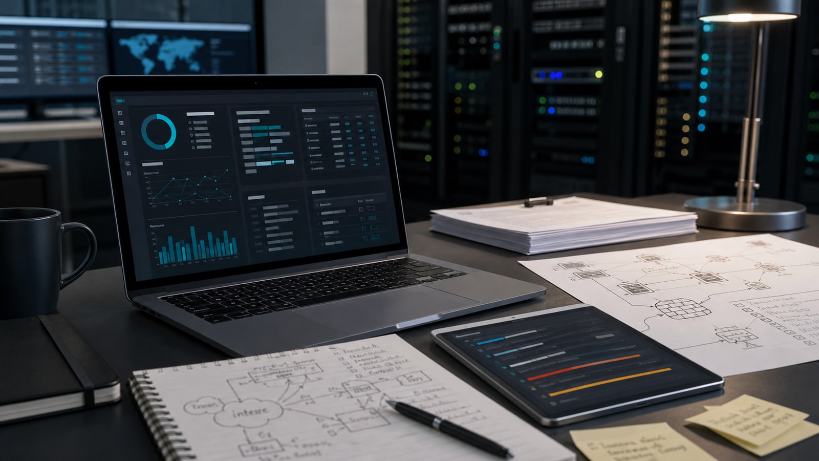 Mesa de laboratorio de ciberseguridad con evidencia de pentest, dashboard abstracto y diagrama de red para pruebas de penetración